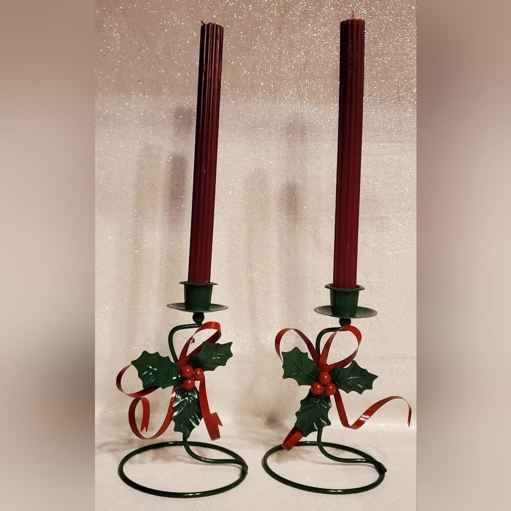 Vintage CHRISTMAS Green Red Metal holly and ribbons Candlestick Holder Set of 2
